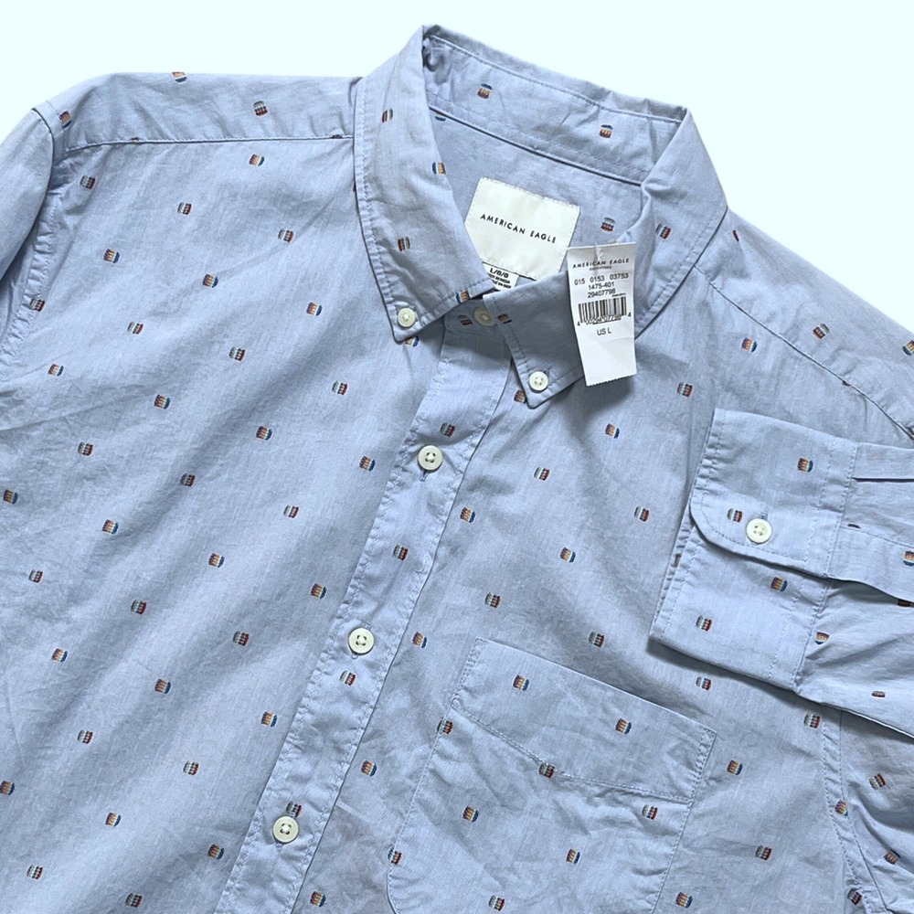 New American Eagle Men Button Down Shirt Size L Blue Geometric Pattern LS Preppy